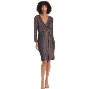 Maggy London Glitter metallic surplice long sleeve cocktail dress size 12